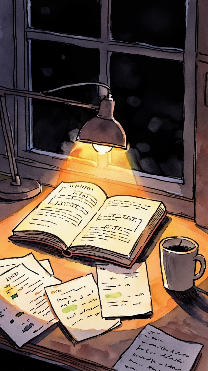 Painterly illustration of an open textbook under a single warm desk lamp