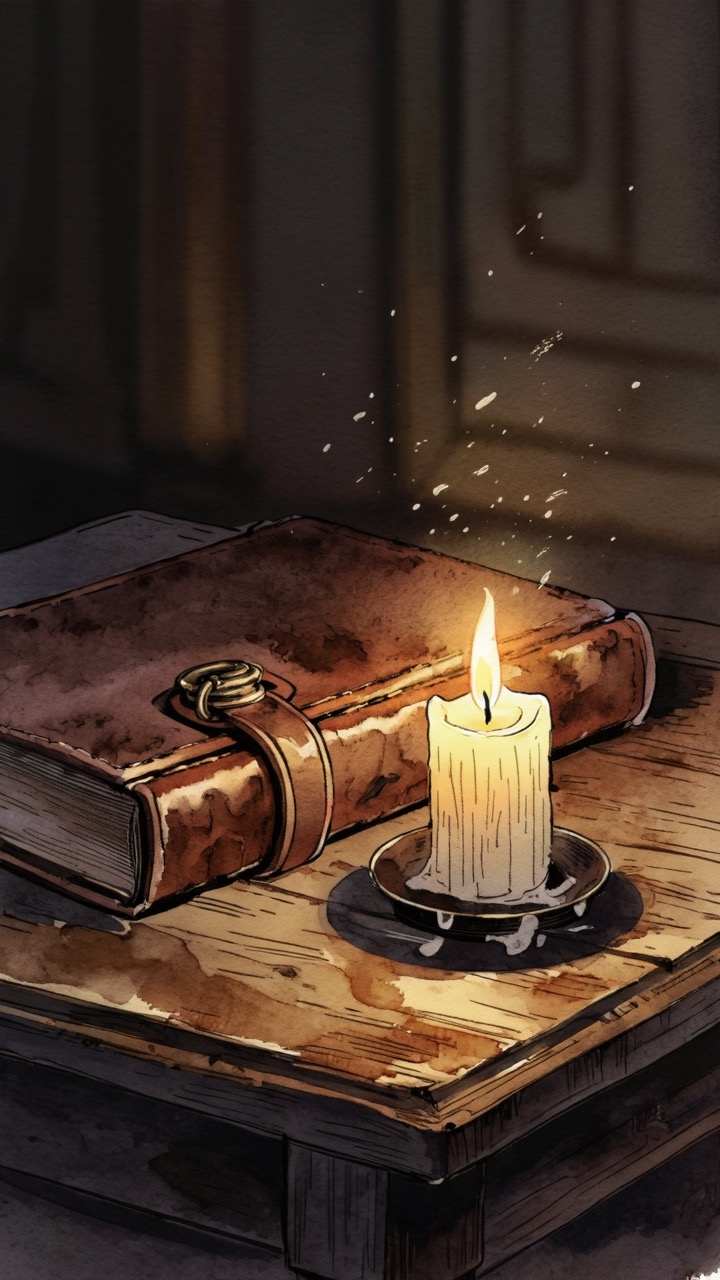 Painterly illustration of a candle on an old leather-bound book