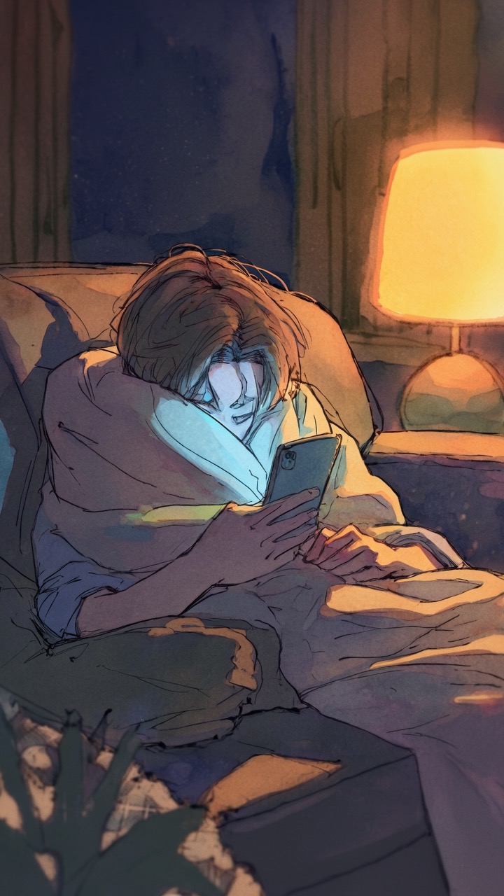Painterly illustration of a person curled with a glowing phone in dim light