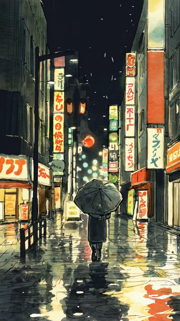 Painterly illustration of Shibuya at night in the rain