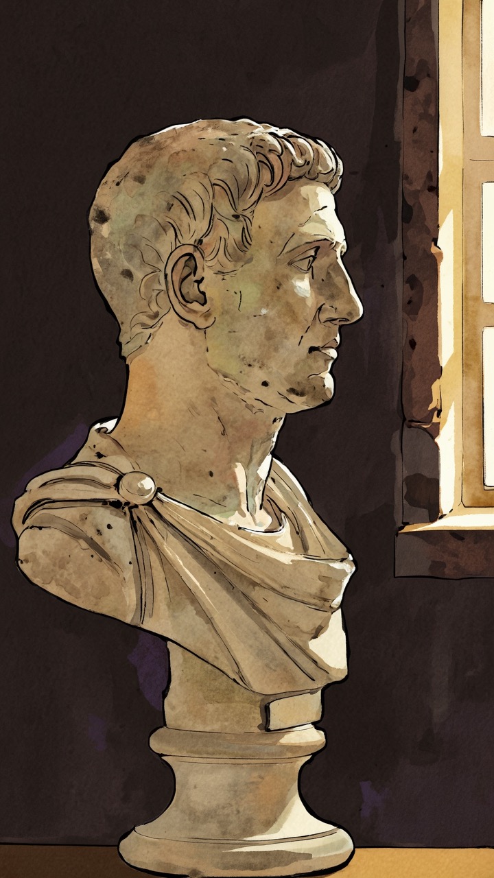 Painterly illustration of a Roman marble bust in side light