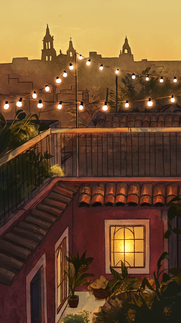 Painterly illustration of a Mexico City rooftop at golden hour
