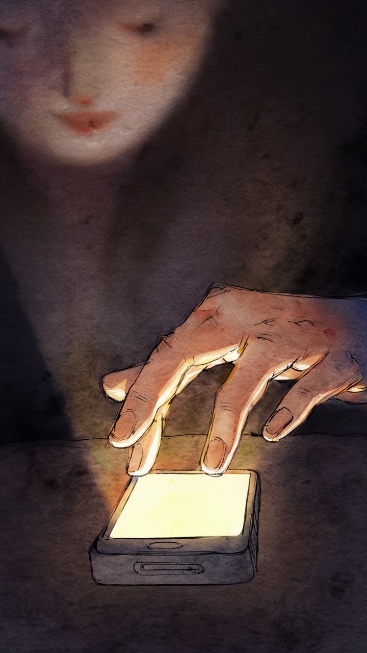 Painterly illustration of a hand reaching for a glowing phone in the dark