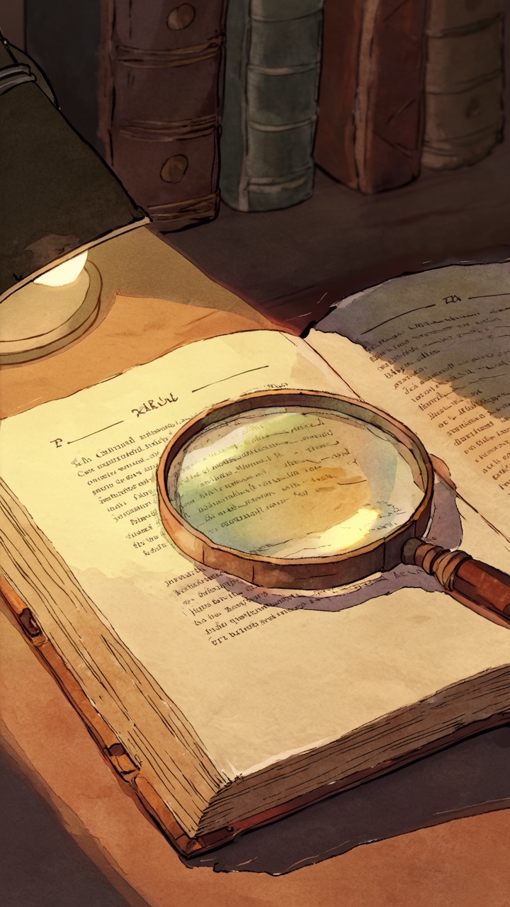 Painterly illustration of a magnifying glass on an open dictionary